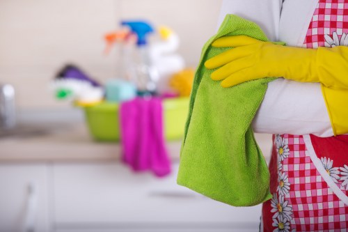 Close-up of oven racks and cleaning tools ready for service