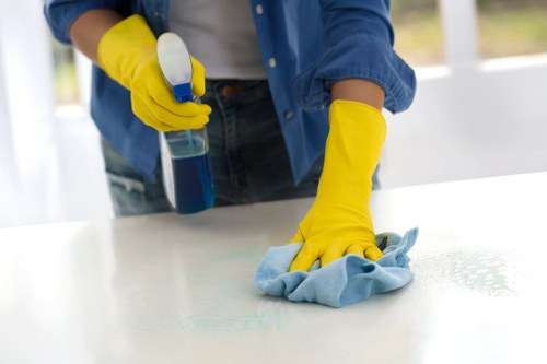 Oven cleaner using protective gloves and equipment during service